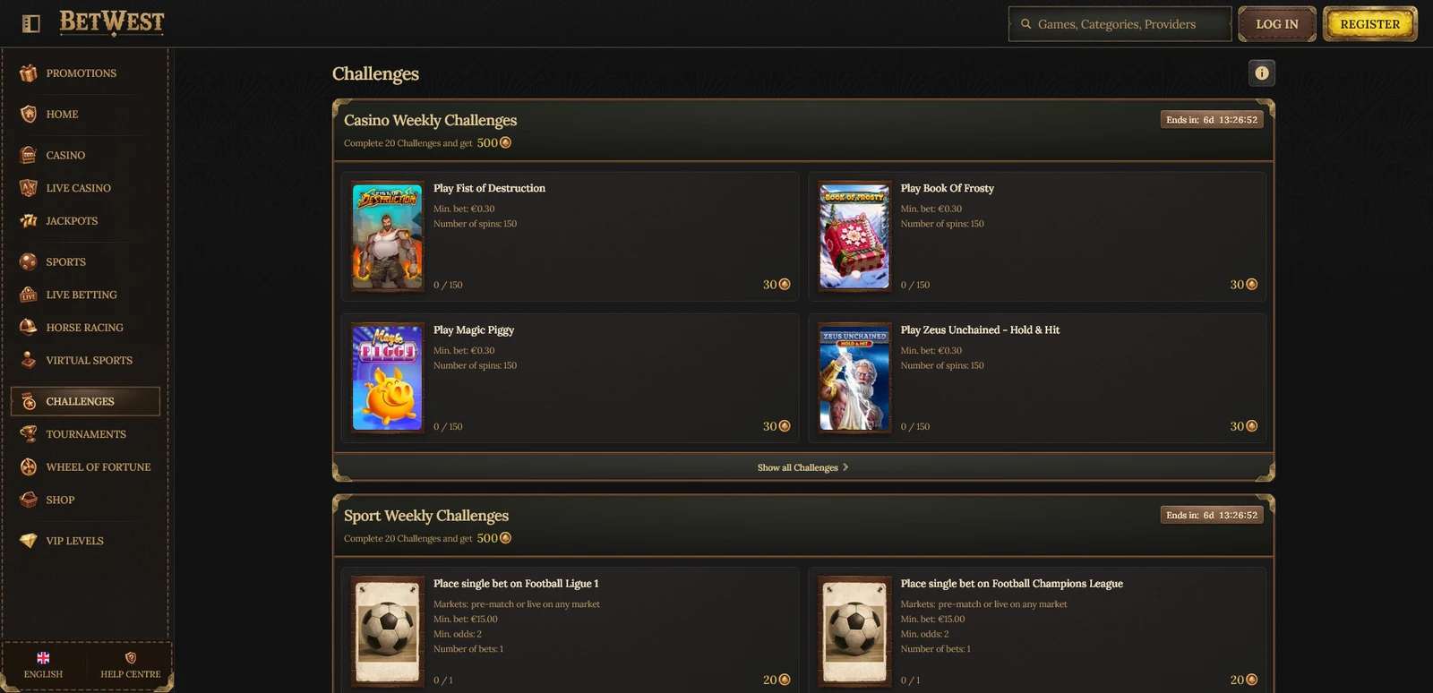 Achievements reward — Betwest Casino